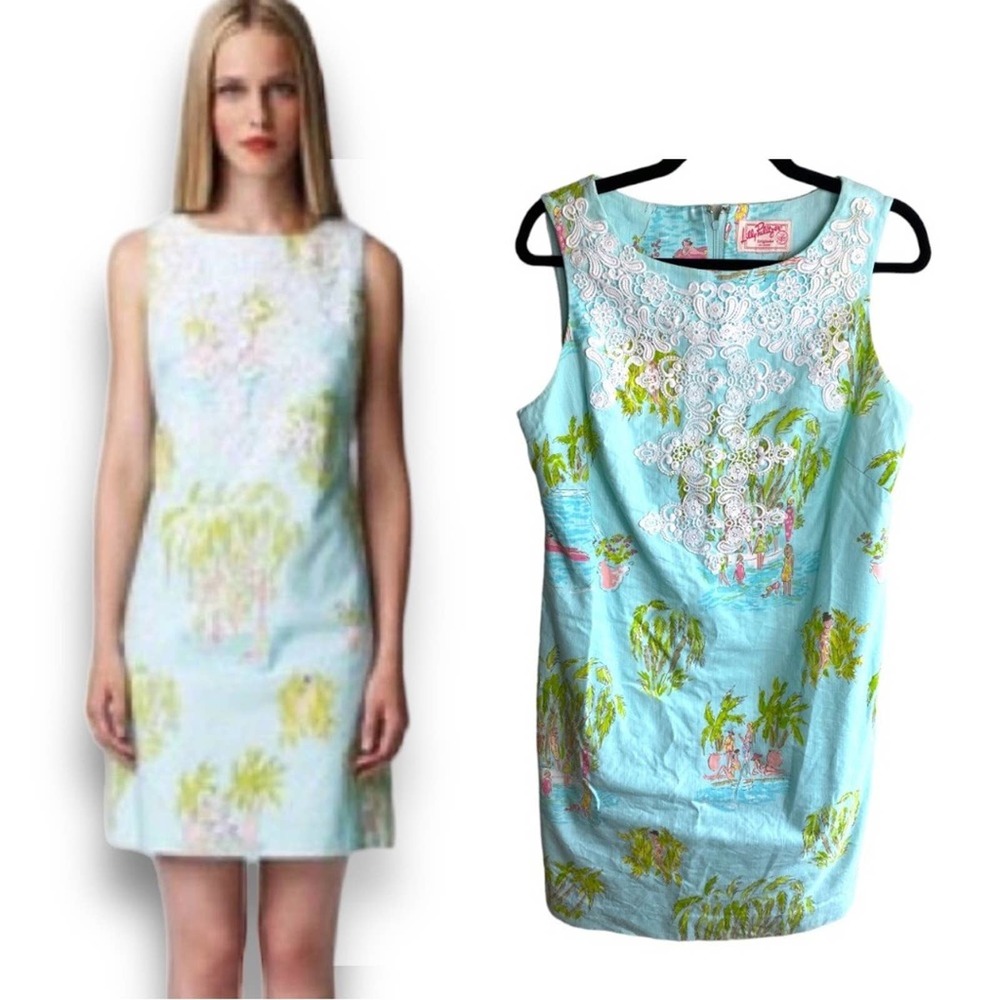 Lilly Pulitzer Light Blue Tropical Shift Dress with White Lace